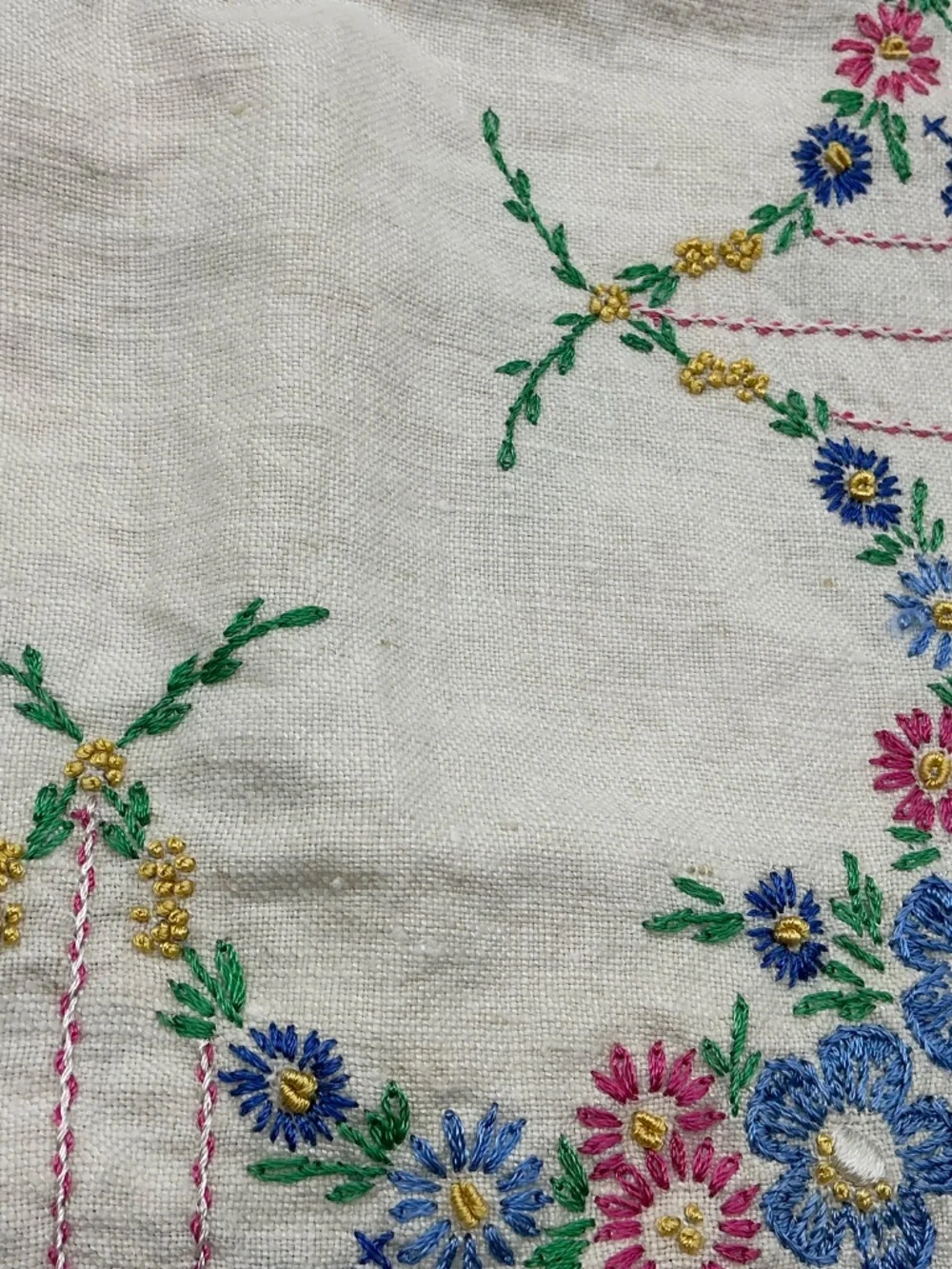 Vintage Hand Embroidered Flower Design Table Runner Crochet Edge